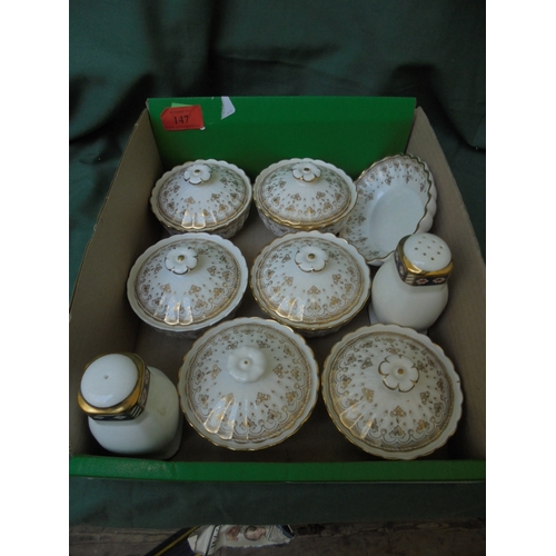 147 - 6 matching lidded dishes and an open dish all by Spode, together with pepper pot marked Royal Crown ... 