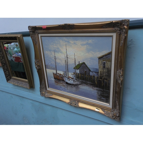 272 - Oil on board, fishing boats with coastal scene in heavy gold frame