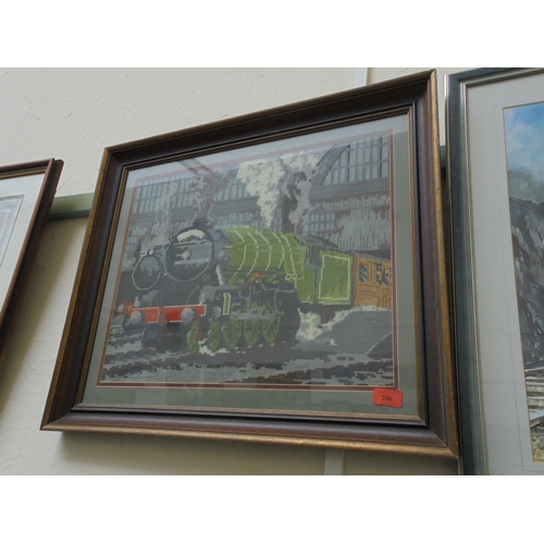 286 - Well presented and framed wool work and picture of steam train leaving station