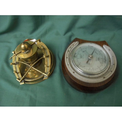 423 - Super brass desk inkwell with jockey cap on lid opener and original porcelain ink well together with... 