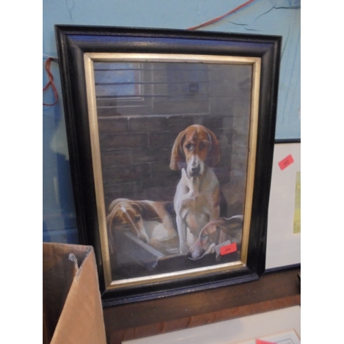 491 - Antique framed picture of Hounds in kennels