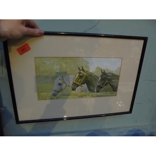 492 - Nicely framed watercolour of 3 horses entitled 'Family Friends' artist Tanner