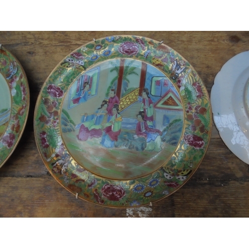 84 - Box containing Chinese style plates, raised ceramic dish and some metal ware