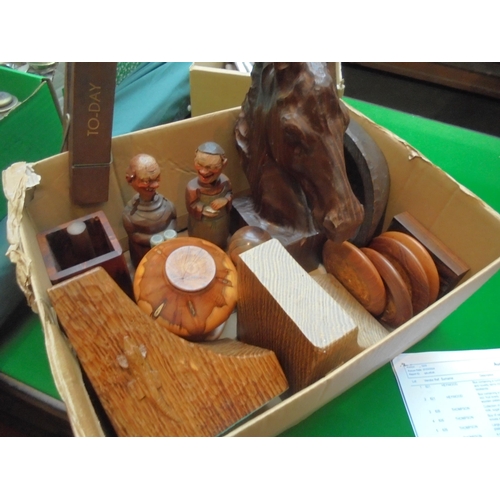 1 - MIXED COLLECTABLES  Box containing a number of wooden ornamental and novelty items incl. pair of Liz... 