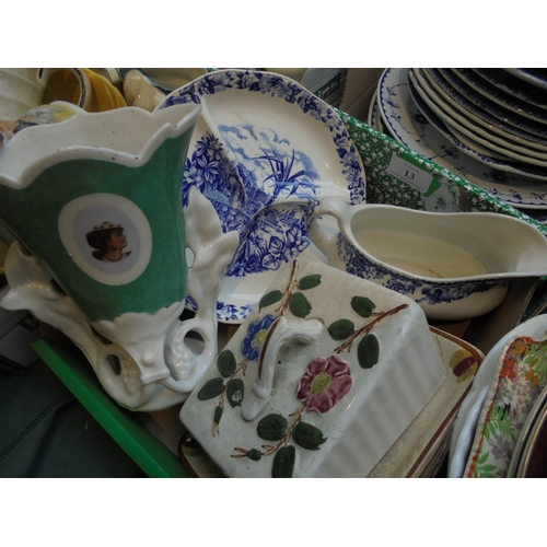 13 - Ceramic gravy boat, blue and white dish, Victorian flower vase and cheese dish