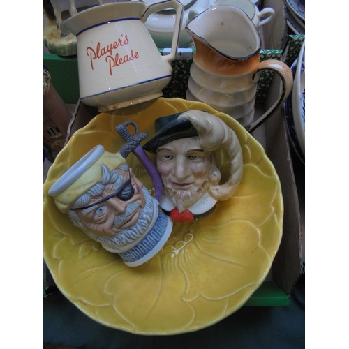 14 - Ceramic fruit bowl, pouring jugs and 2 Toby jugs