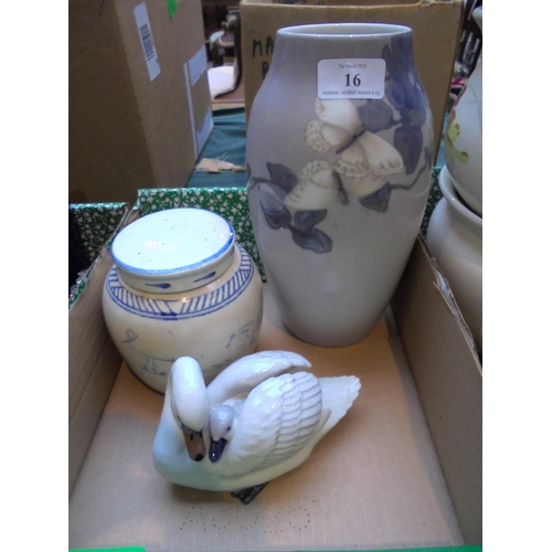 16 - Ceramic Royal Copenhagen Swan figure, additional Copenhagen style flower vase and lidded Chinese gin... 