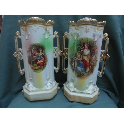 162 - Pair of Victorian mantlepiece matching vases with horse scene