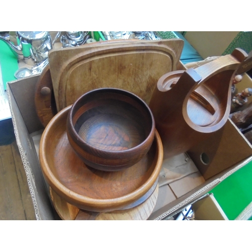 2 - Box containing a number of wooden kitchenalia incl. fruit bowls, wine cooler, bread boards and woode... 