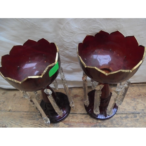 233 - Fine pair of ruby glass Lustres complete with hanging angled stems on wire.