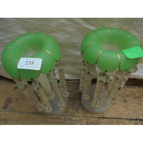 235 - Fine pair of small and unusual Lustres, green glass topped. Complete.