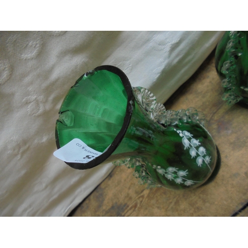 238 - Small matching pair of Victorian green vases, crimped edges, slight nibble to one.