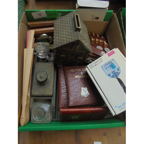 38 - Mixed lot incl wooden and glass inkwell, leather wallets for passport and driving licence and Motori... 