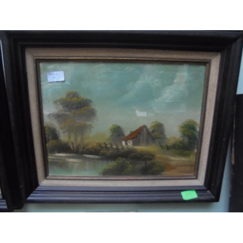 443A - 2 darkwood framed oils, rural scene, 1 signed J. Bouter