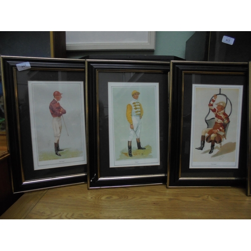 447 - Set of 5 prints of various Jockeys in racing clothing, attractive black and gold frames