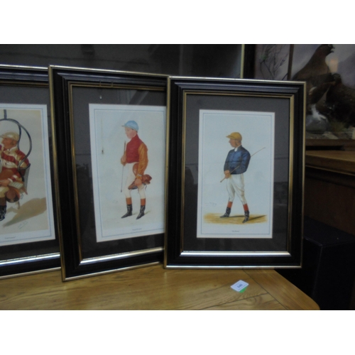 447 - Set of 5 prints of various Jockeys in racing clothing, attractive black and gold frames