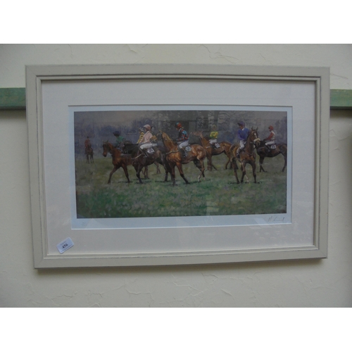 456 - Signed limited edition print (90 of 500) of racehorses with jockeys, contemporary frame