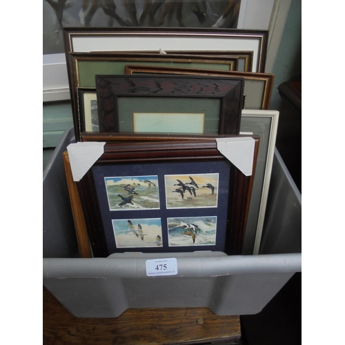 475 - Box containing 12 prints, paintings and cigarette cards, various subjects, mainly wildlife countrysi... 