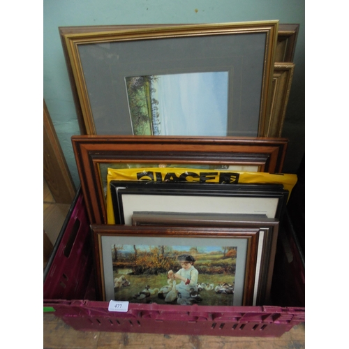 477 - Crate containing a number of framed prints, pictures (12 in total) of various subjects, mainly count... 