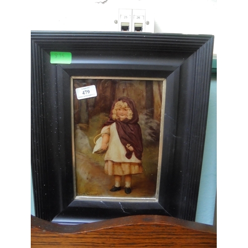 479 - Signed painting in heavy black frame of small girl with basket by Edith Crannell