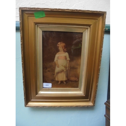 480 - Small heavy gold framed picture of small girl with flower posy