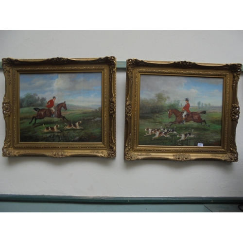 491 - Fine pair of oils in heavy gold frames of huntsmen on horseback with Hounds within field setting sig... 