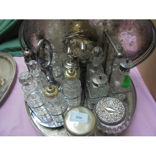 506 - Collection of silver plated items to include 2 trays, 2 glass and silver plated cruet sets, 2 glass ... 