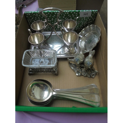 509 - Collection of silver plated items including Walker & Hall 1906 Sheffield egg cups with stand, 12 lar... 