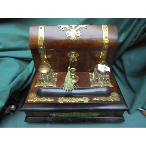 515 - Fine Victorian stationery case with brass details, domed top, 2 original ink wells and candleholder ... 