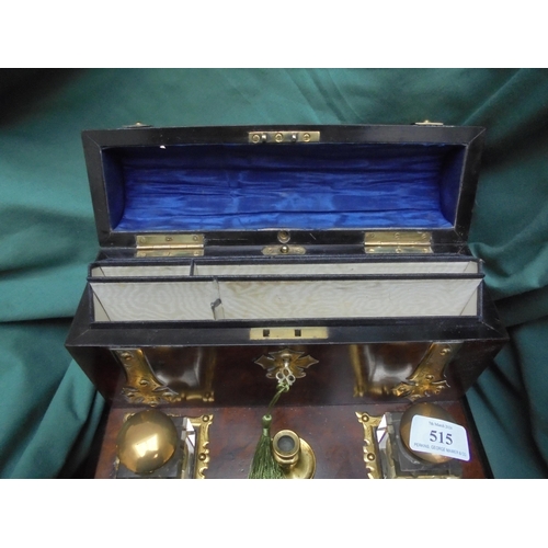 515 - Fine Victorian stationery case with brass details, domed top, 2 original ink wells and candleholder ... 