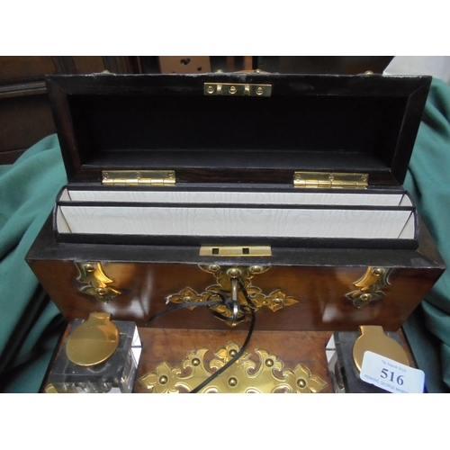 516 - Victorian stationery box, heavily detailed in brass with 2 original ink wells, lockable drawer to fr... 