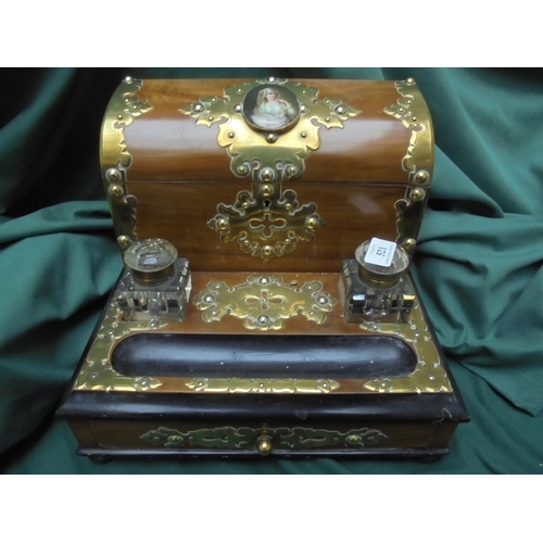 521 - Large Victorian stationery box with top lid and drawer to front, heavily detailed in brass with pain... 