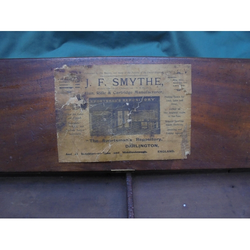 526 - Wooden box adverting container for cartridges inset label stating J.F. Smythe Gun, Rifle and Cartrid... 