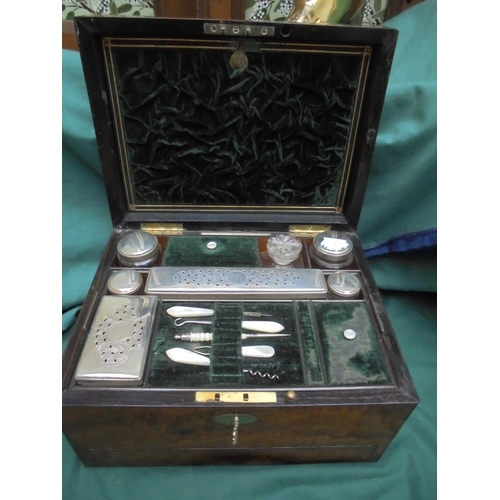 527 - Wooden ladies vanity box with glass and metal containers and manicure set