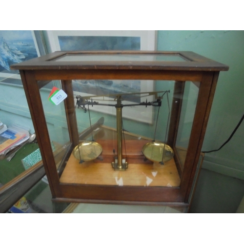 533 - Wooden and glass cased box containing weighing scales, separate box containing weights