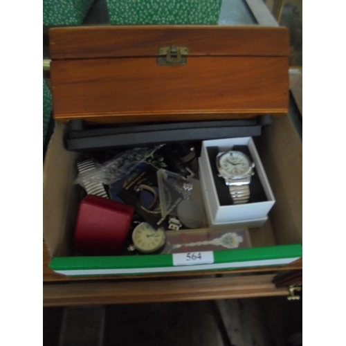 564 - Box containing musical wooden jewellery box, variety of modern wrist watches, three vintage powder c... 