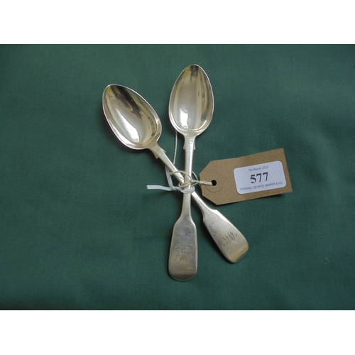 577 - Two silver dessert spoons London 1829 and 1854.