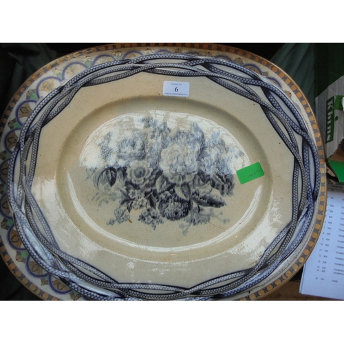 6 - 4 large ceramic meat serving plates, 1 being highly decorative, the others blue and white