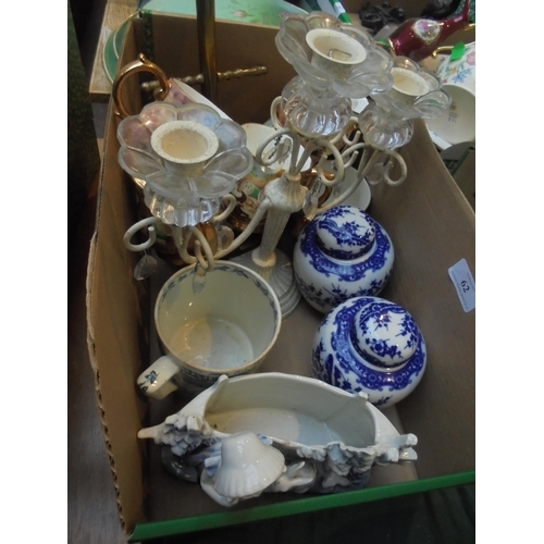 62 - Selection of china being lustre styled coffee cups with stand, 3 blue and white items and metal cand... 