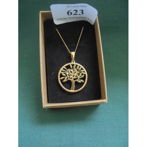 623 - Gold on silver tree of life pendant, on chain, boxed.