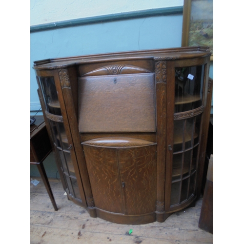 653 - early 20th century oak bureau/display cupboard, curved glazed side displays, central drop down desk ... 