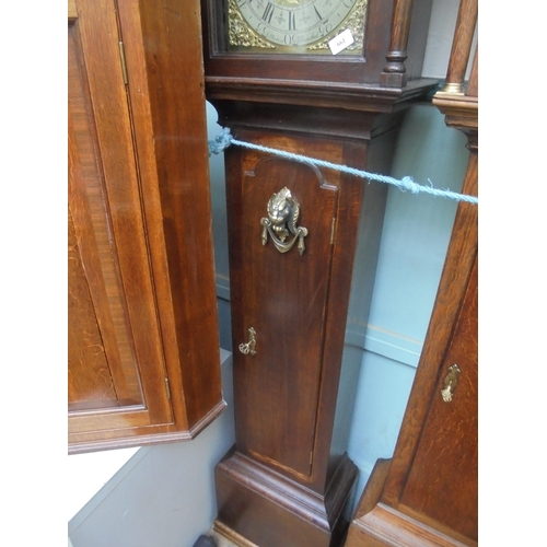 661 - Smaller cottage style oak long cased clock, brass and silvered dial, roman numerals by B. Martin of ... 