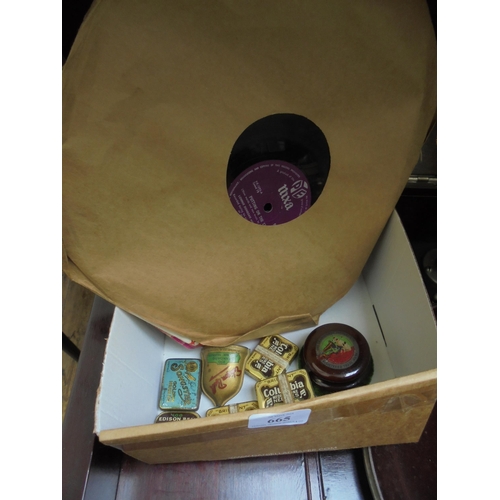 665 - Box containing original tins of gramophone needles (7 in total), original record cleaner and five 78... 