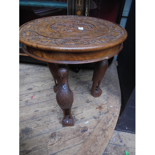 667 - Unusual Indian styled heavily carved side table on 3 legs being ornamental birds