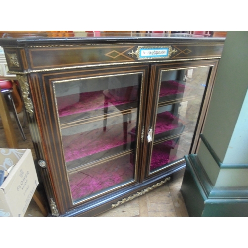 672 - Superb French ebonised credenza with mixed inlaid cross banding, brass work, delightful small porcel... 