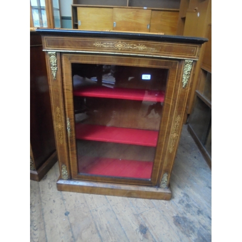 678 - Nicely proportioned glass fronted display pier cabinet with two shelves inlaid woods and brass featu... 