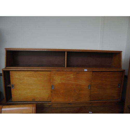 711 - Long teak base unit, three sliding doors with top open display, possibly requiring sliding glass doo... 