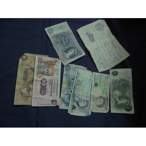 630H - Collection of bank notes, pre-decimal One Pound, Five Pound and an old large white Five Pound Note t... 