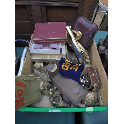 150 - Mixed box of brass ware and sewing kit in leather case, mens suspenders, arm bands for air raid and ... 