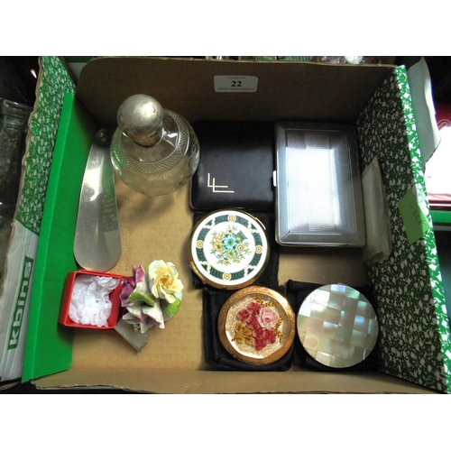 22 - Magpie box of various ladies compacts, stainless steel cigarette box, perfume bottle and other